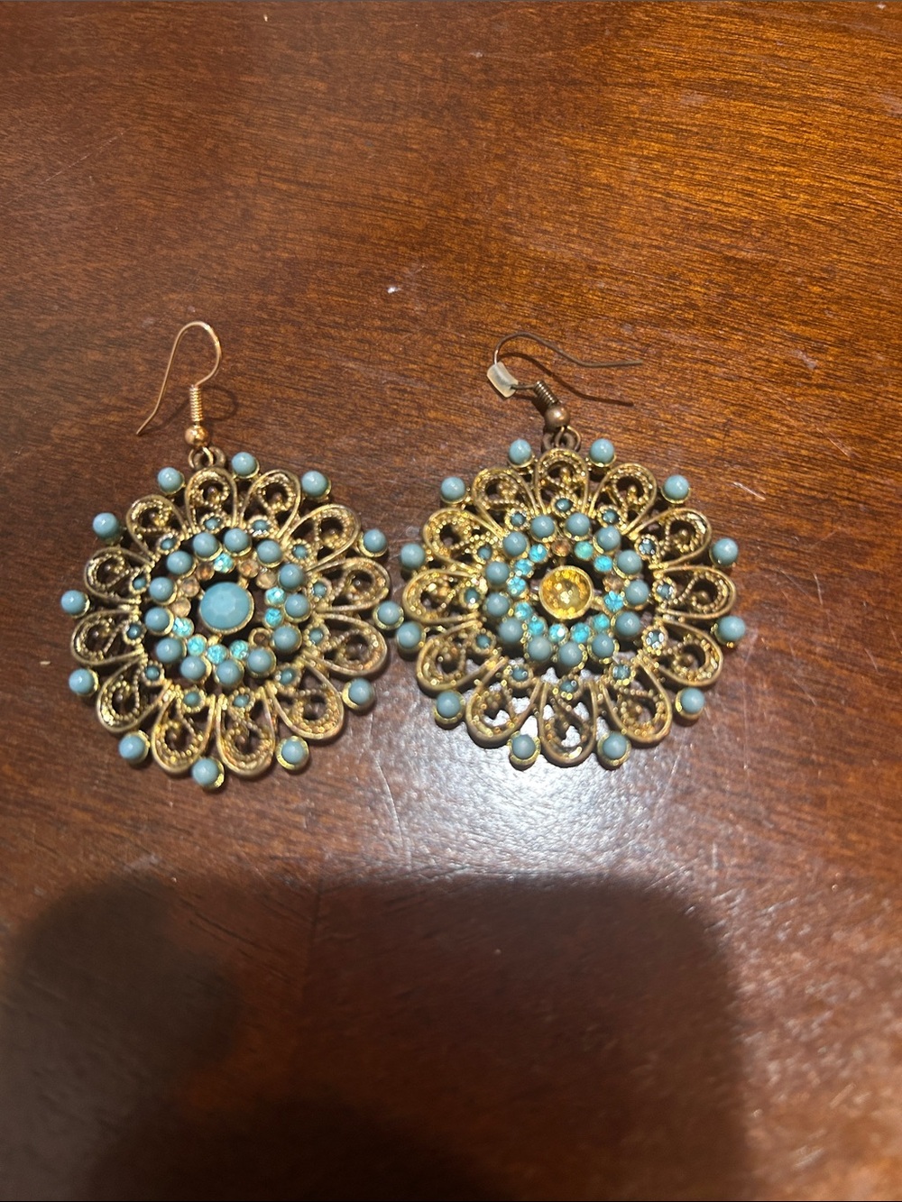 Gold Filigree Drop Earrings with Turquoise and Yellow Accents